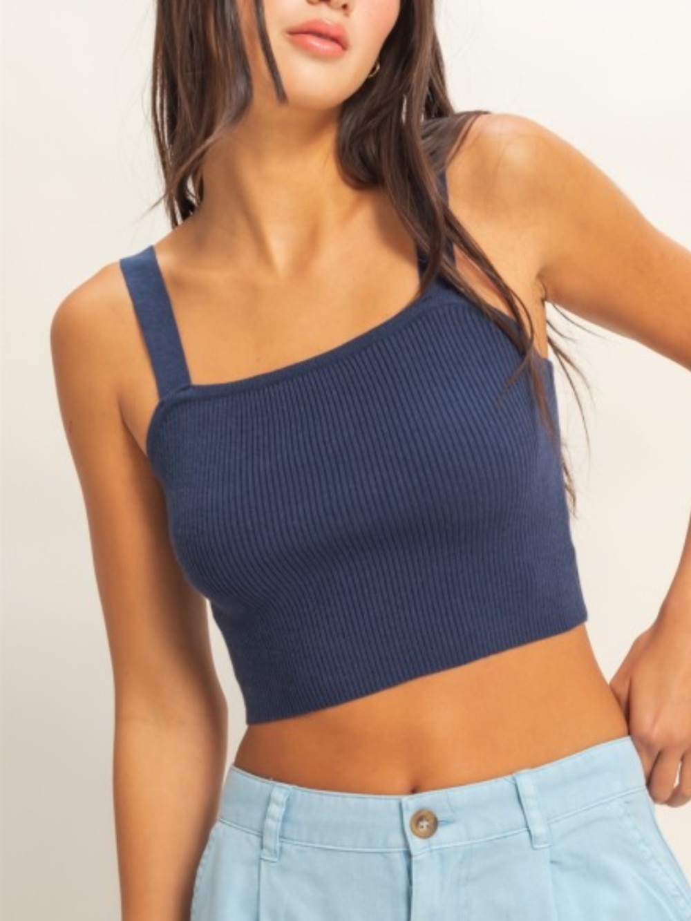Double Zero Navy Ribbed Asymmetrical Strap Crop Top